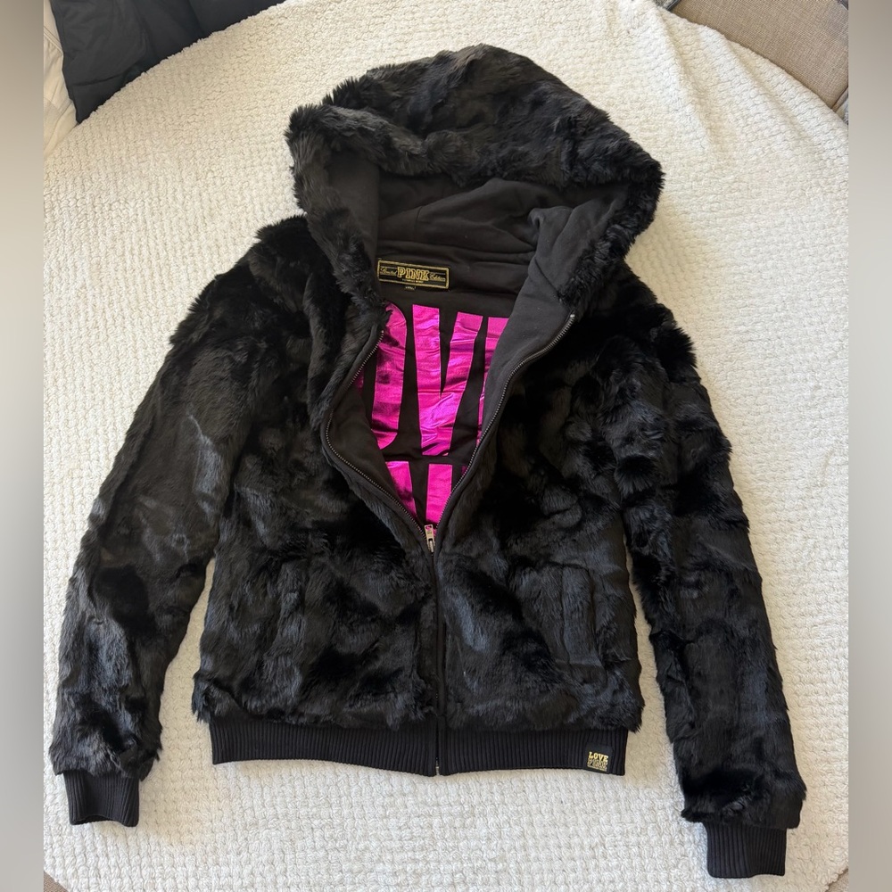 Victoria’s Secret PINK Faux Fur Hooded Jacket LOVE PINK Lining XS